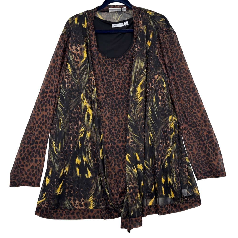 Susan Graver Tunic Cardigan and Tank Set Size 3X Brown Leopard Feather Mesh 2pc